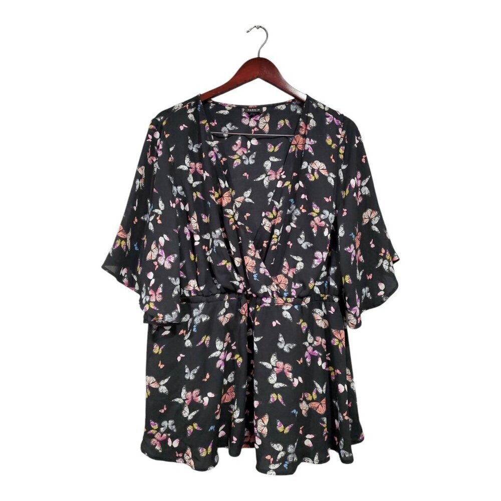 Torrid Women's Blouse Butterfly Top Short Sleeves V-Neck Elastic Waist Top Sz 2X